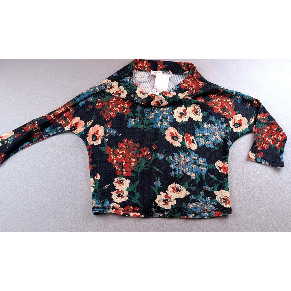 Umgee Floral Waffle Knit Top Navy Blue Red Cowl Neck Batwing Sleeve Small NWT